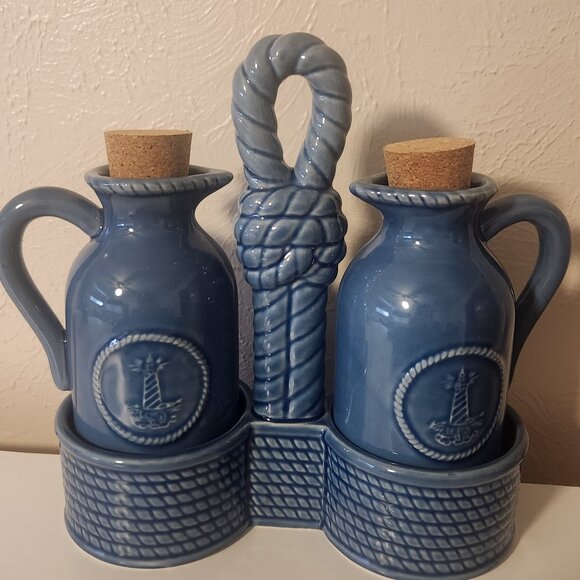 American Atelier Nautical Blue Oil & Vinegar Center Handled Tray Woven Pattern - Picture 1 of 6